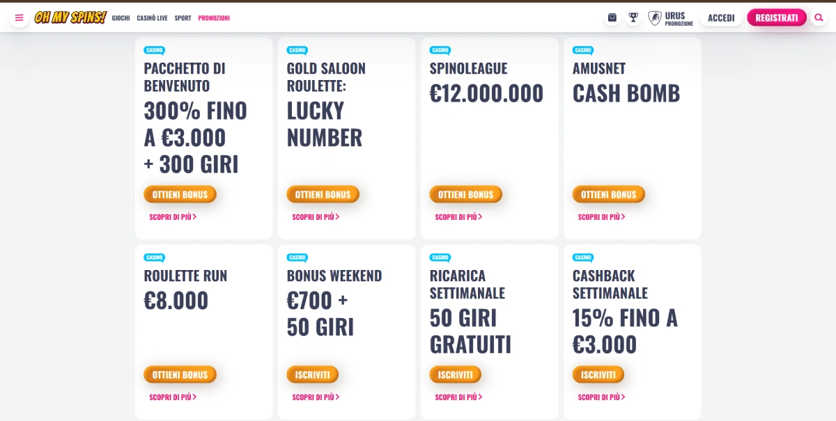 Bonus di benvenuto e promozioni Oh My Spins