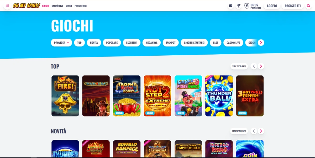 Giochi disponibili su Oh My Spins Casino